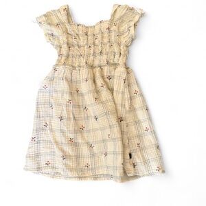 Cream Smocked Plaid Dress with Red & Blue Floral Accents